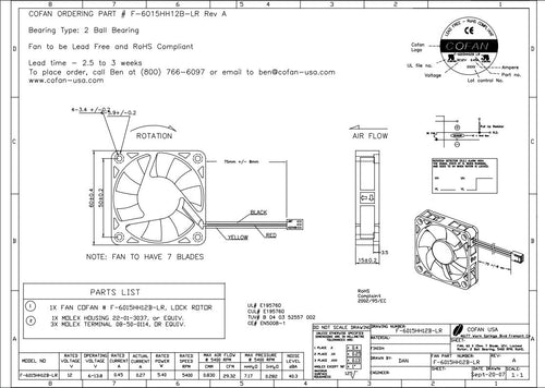 CoFan 60mm (60x60x15) High Speed Fan F-6015HH12B-LR Rev A