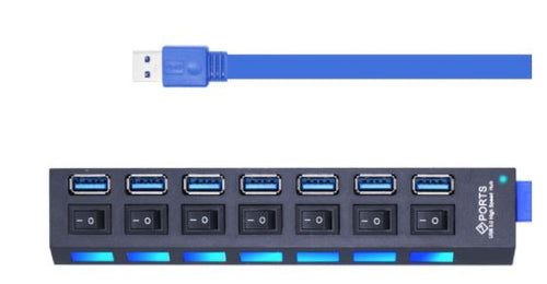 Black USB 3.0 4 or 7 Port Switch Adapter Hub Extender for Multiple USB Fans, Phone Charging, and Devices