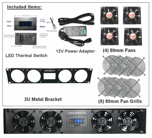 Coolerguys 2U Bracket with 4 High Speed Evercool 80mm fans/Programmable Fan Controller / 2A PSU - Coolerguys